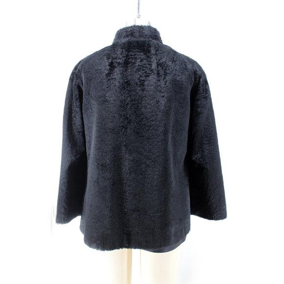 VTG 50s 60s Faux Fur Jacket Black Belted Satin Lined Stand Collar Swing Coat M - Picture 5 of 16